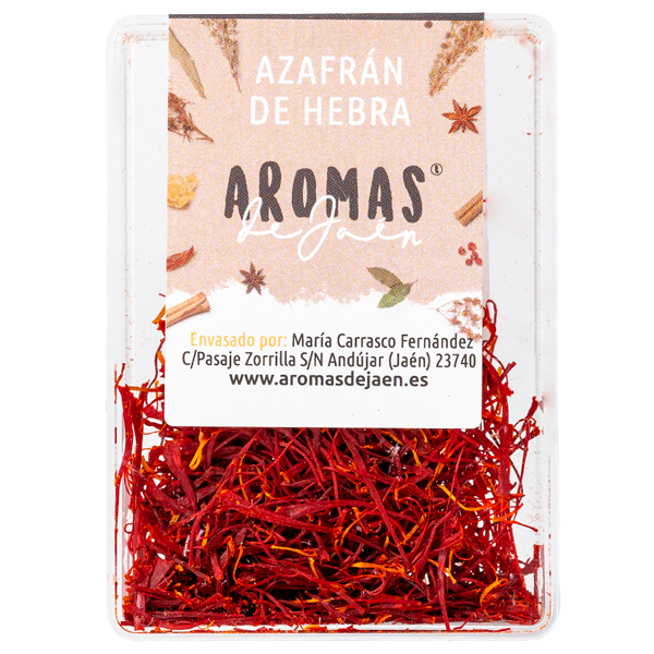 Hebras de azafrán puro de Aromas de Jaén en envase de plástico